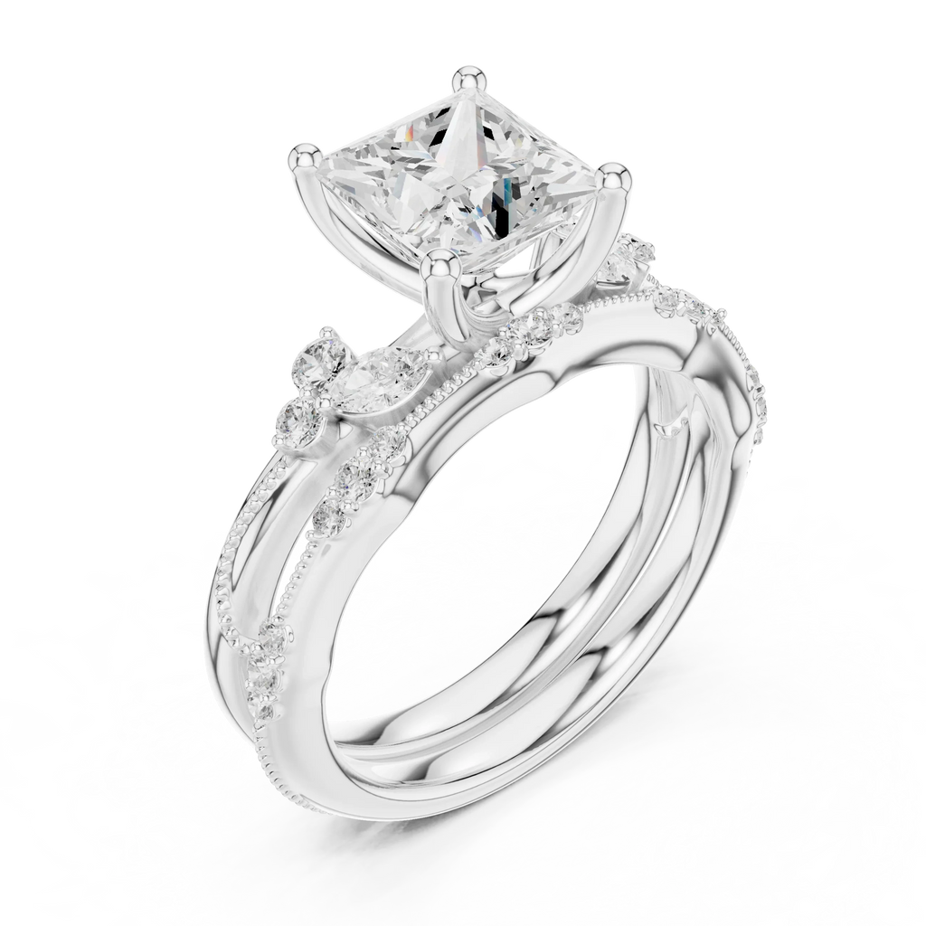 2.37 CTW Princess Cut Moissanite Diamond Engagement Ring with Nature-Inspired Vine Band and Pear Side Accents in 14K White Gold