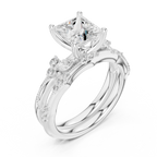 2.37 CTW Princess Cut Moissanite Diamond Engagement Ring with Nature-Inspired Vine Band and Pear Side Accents in 14K White Gold