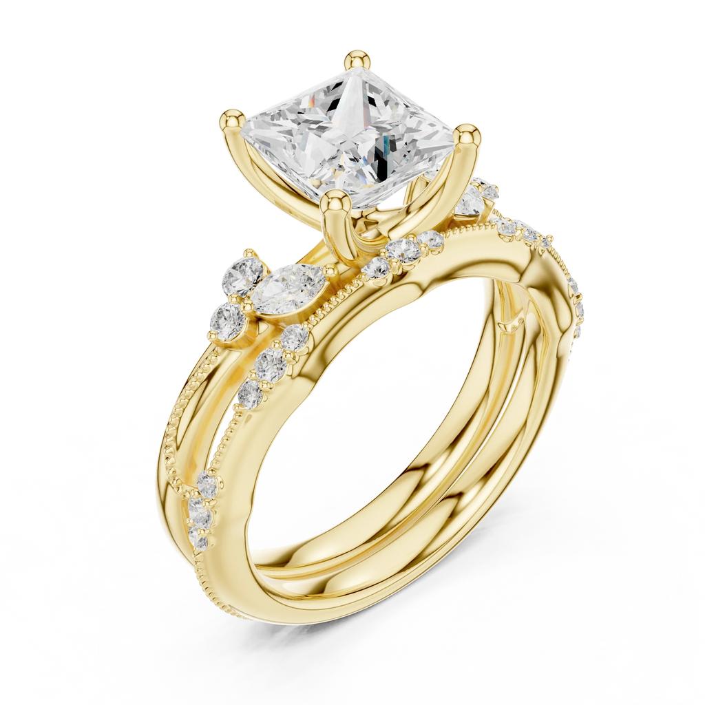 2.37 CTW Princess Cut Moissanite Diamond Engagement Ring with Nature-Inspired Vine Band and Pear Side Accents in 14K White Gold