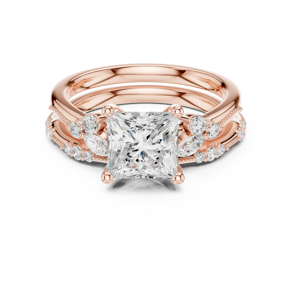 2.37 CTW Princess Cut Moissanite Diamond Engagement Ring with Nature-Inspired Vine Band and Pear Side Accents in 14K White Gold