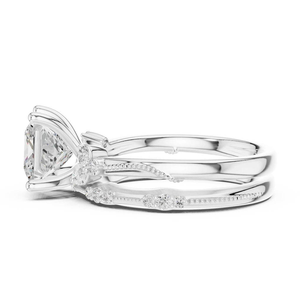 2.37 CTW Princess Cut Moissanite Diamond Engagement Ring with Nature-Inspired Vine Band and Pear Side Accents in 14K White Gold