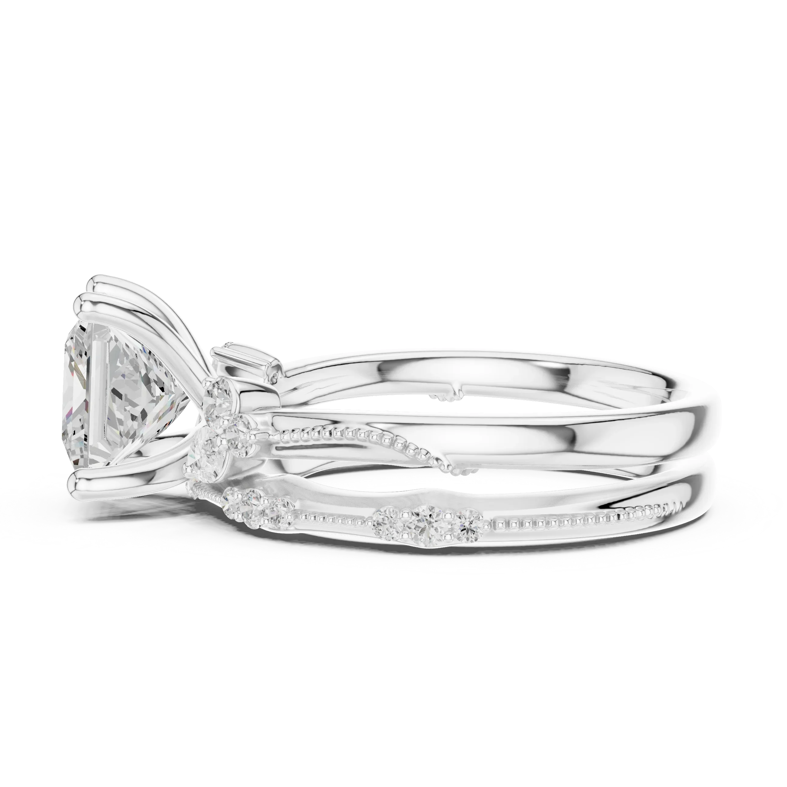 2.37 CTW Princess Cut Moissanite Diamond Engagement Ring with Nature-Inspired Vine Band and Pear Side Accents in 14K White Gold