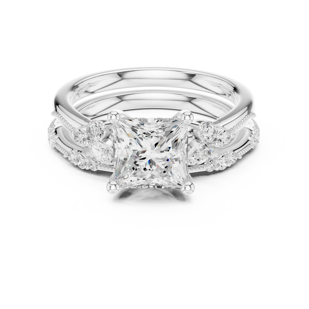 2.37 CTW Princess Cut Moissanite Diamond Engagement Ring with Nature-Inspired Vine Band and Pear Side Accents in 14K White Gold