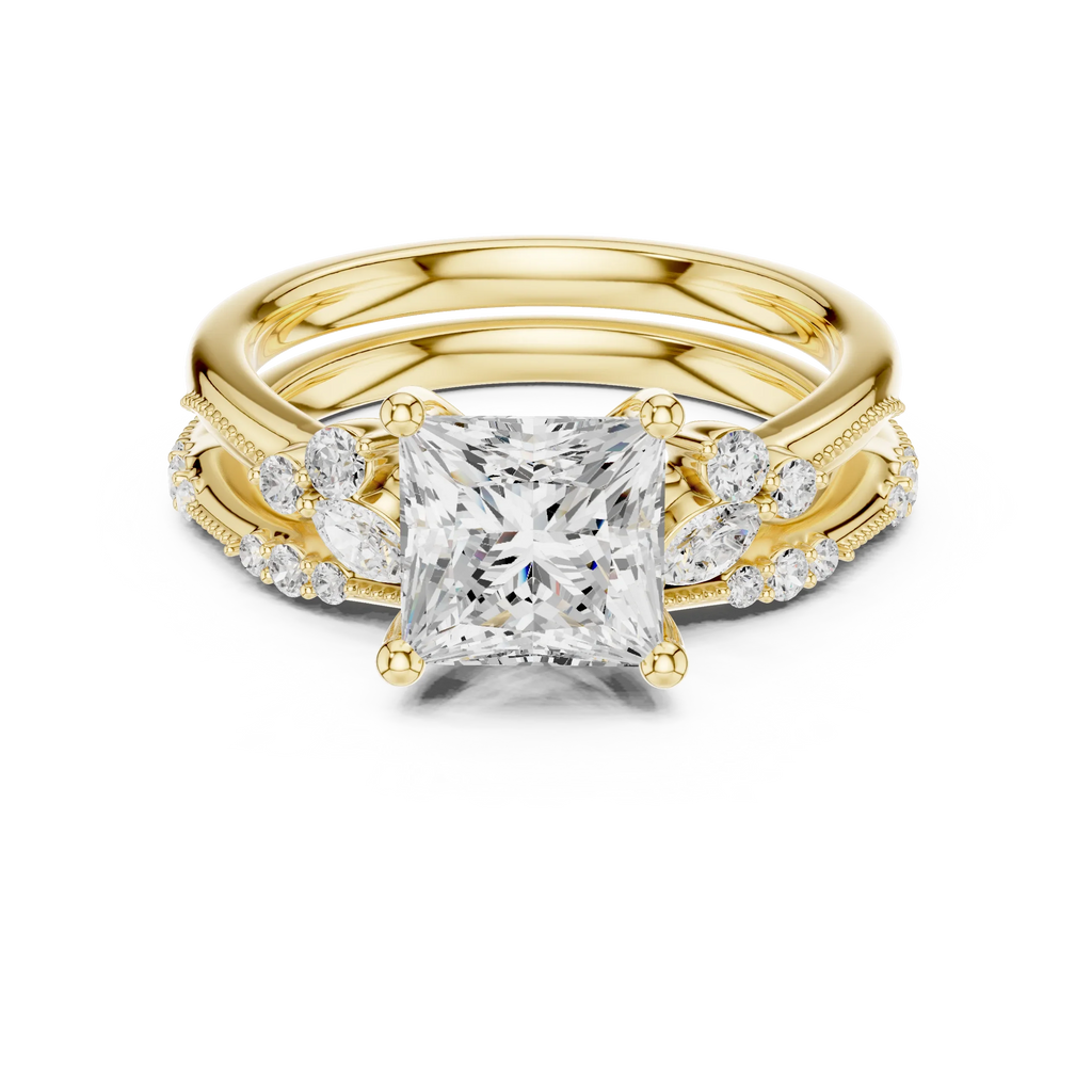 2.37 CTW Princess Cut Moissanite Diamond Engagement Ring with Nature-Inspired Vine Band and Pear Side Accents in 14K White Gold