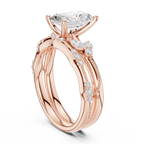 2.37 CTW Radiant Cut Moissanite Diamond Engagement Ring with Nature-Inspired Vine Band and Pear Side Accents in 14K White Gold