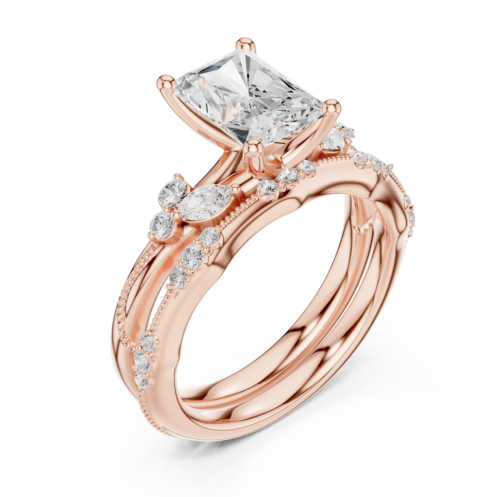 2.37 CTW Radiant Cut Moissanite Diamond Engagement Ring with Nature-Inspired Vine Band and Pear Side Accents in 14K White Gold