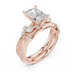 2.37 CTW Radiant Cut Moissanite Diamond Engagement Ring with Nature-Inspired Vine Band and Pear Side Accents in 14K White Gold