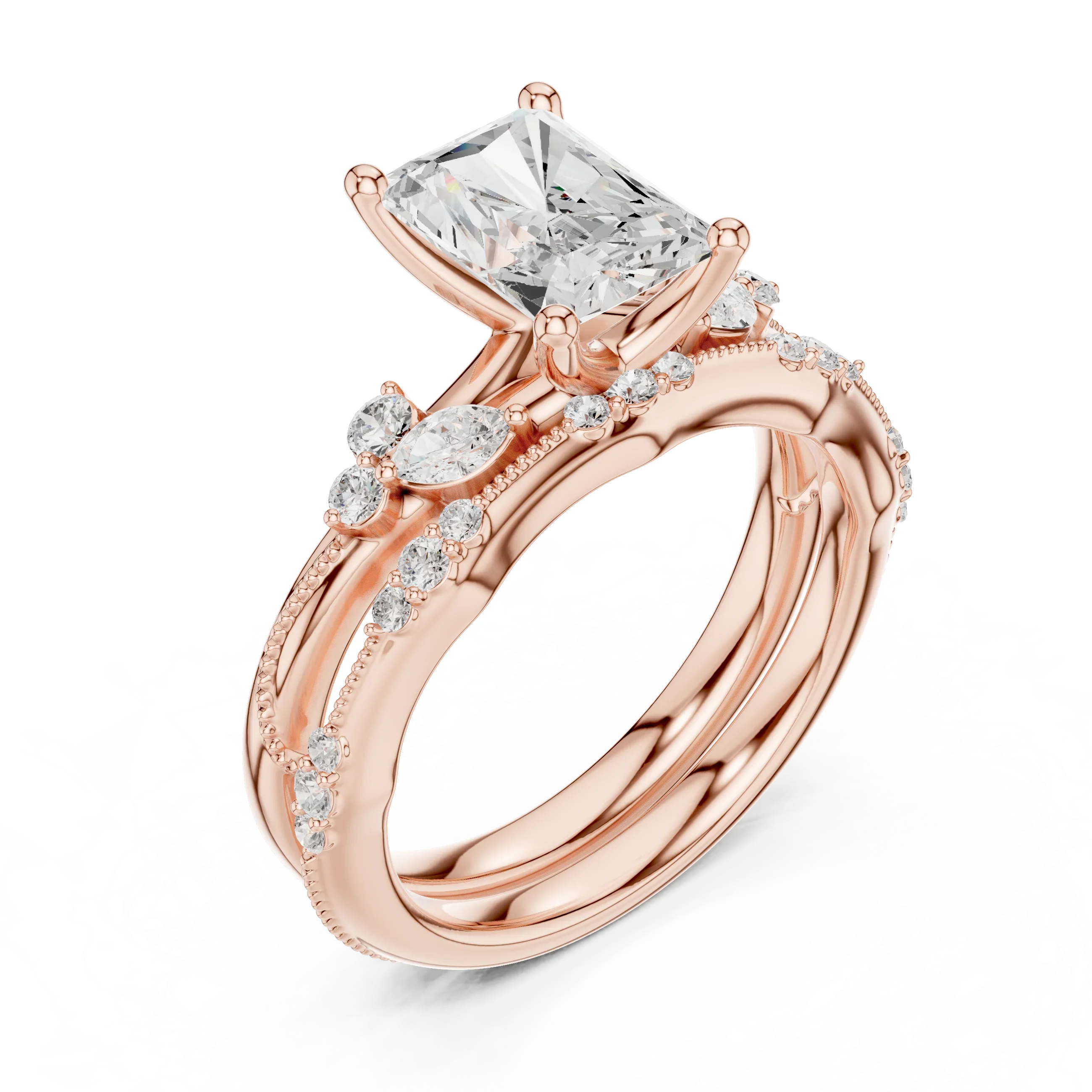 2.37 CTW Radiant Cut Moissanite Diamond Engagement Ring with Nature-Inspired Vine Band and Pear Side Accents in 14K White Gold