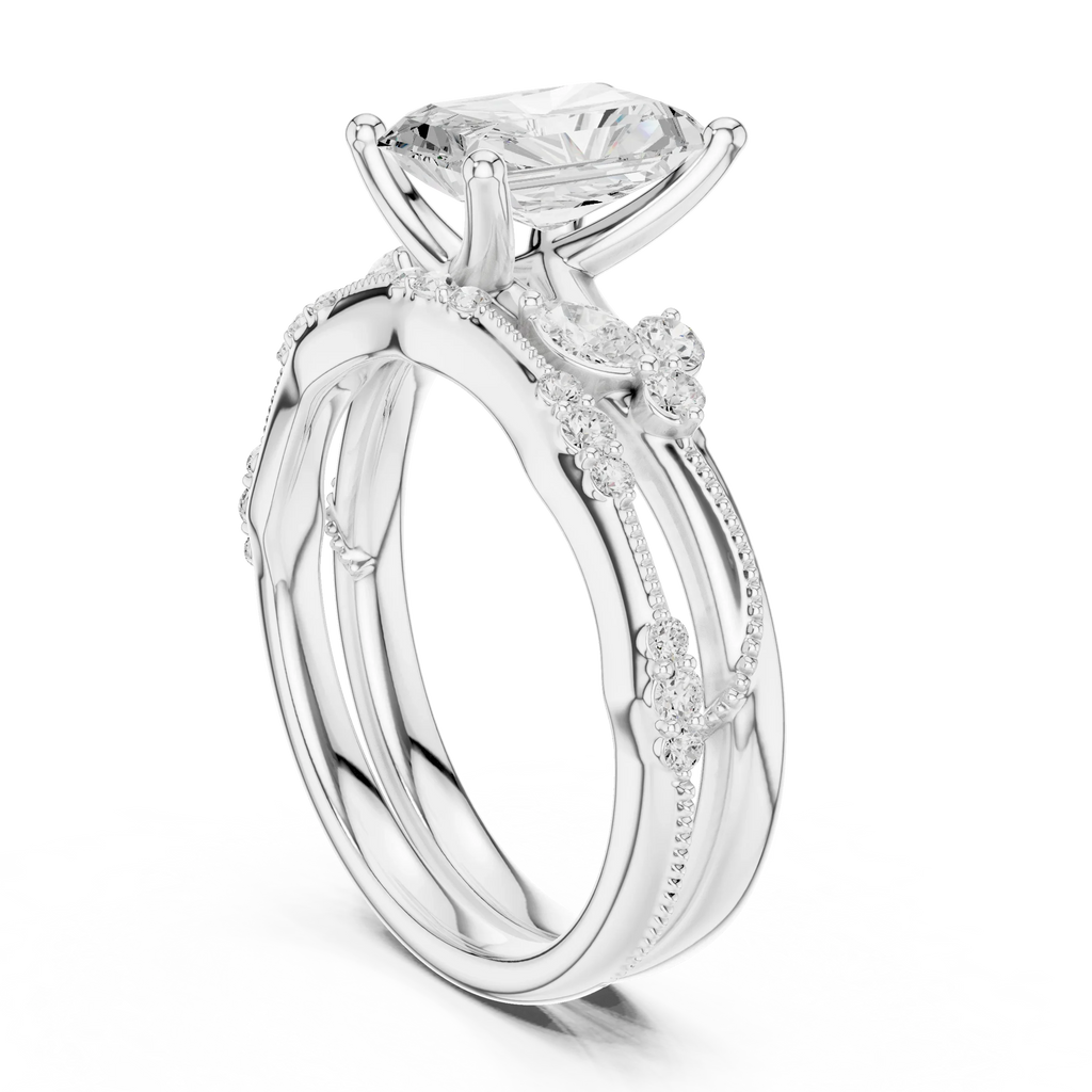 2.37 CTW Radiant Cut Moissanite Diamond Engagement Ring with Nature-Inspired Vine Band and Pear Side Accents in 14K White Gold