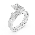 2.37 CTW Radiant Cut Moissanite Diamond Engagement Ring with Nature-Inspired Vine Band and Pear Side Accents in 14K White Gold