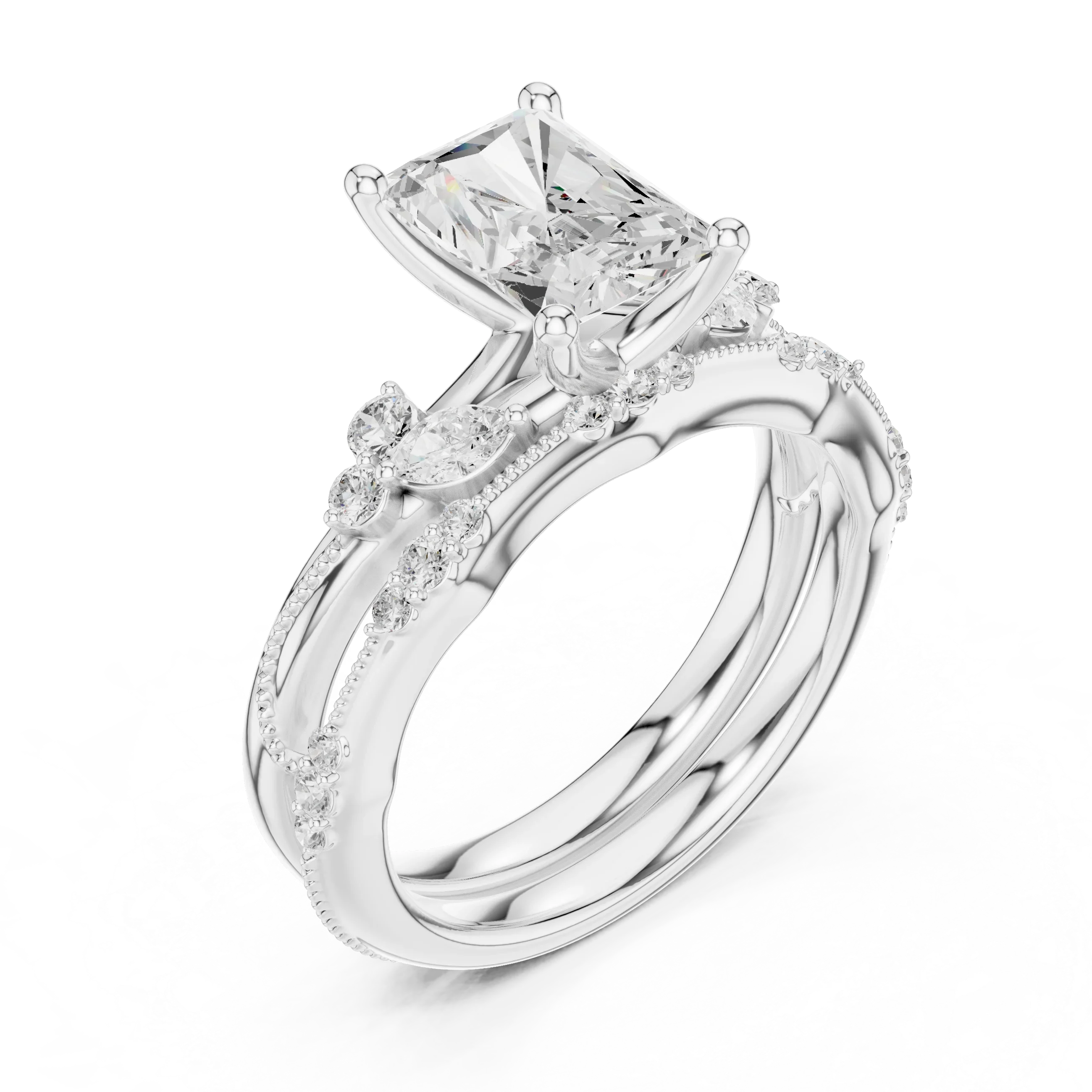 2.37 CTW Radiant Cut Moissanite Diamond Engagement Ring with Nature-Inspired Vine Band and Pear Side Accents in 14K White Gold