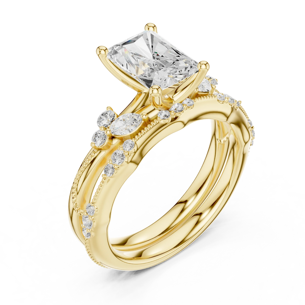 2.37 CTW Radiant Cut Moissanite Diamond Engagement Ring with Nature-Inspired Vine Band and Pear Side Accents in 14K White Gold