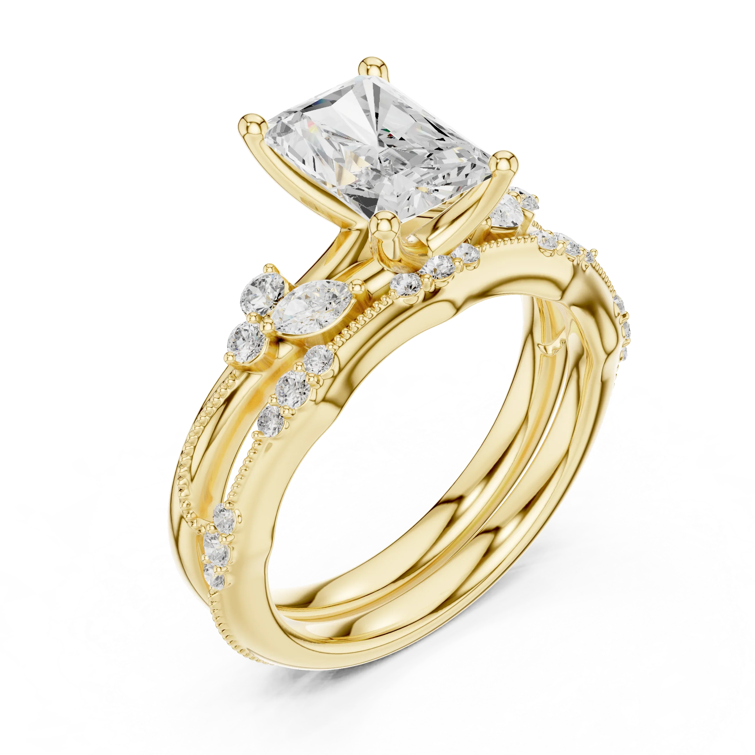 2.37 CTW Radiant Cut Moissanite Diamond Engagement Ring with Nature-Inspired Vine Band and Pear Side Accents in 14K White Gold