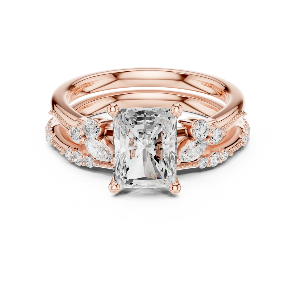 2.37 CTW Radiant Cut Moissanite Diamond Engagement Ring with Nature-Inspired Vine Band and Pear Side Accents in 14K White Gold