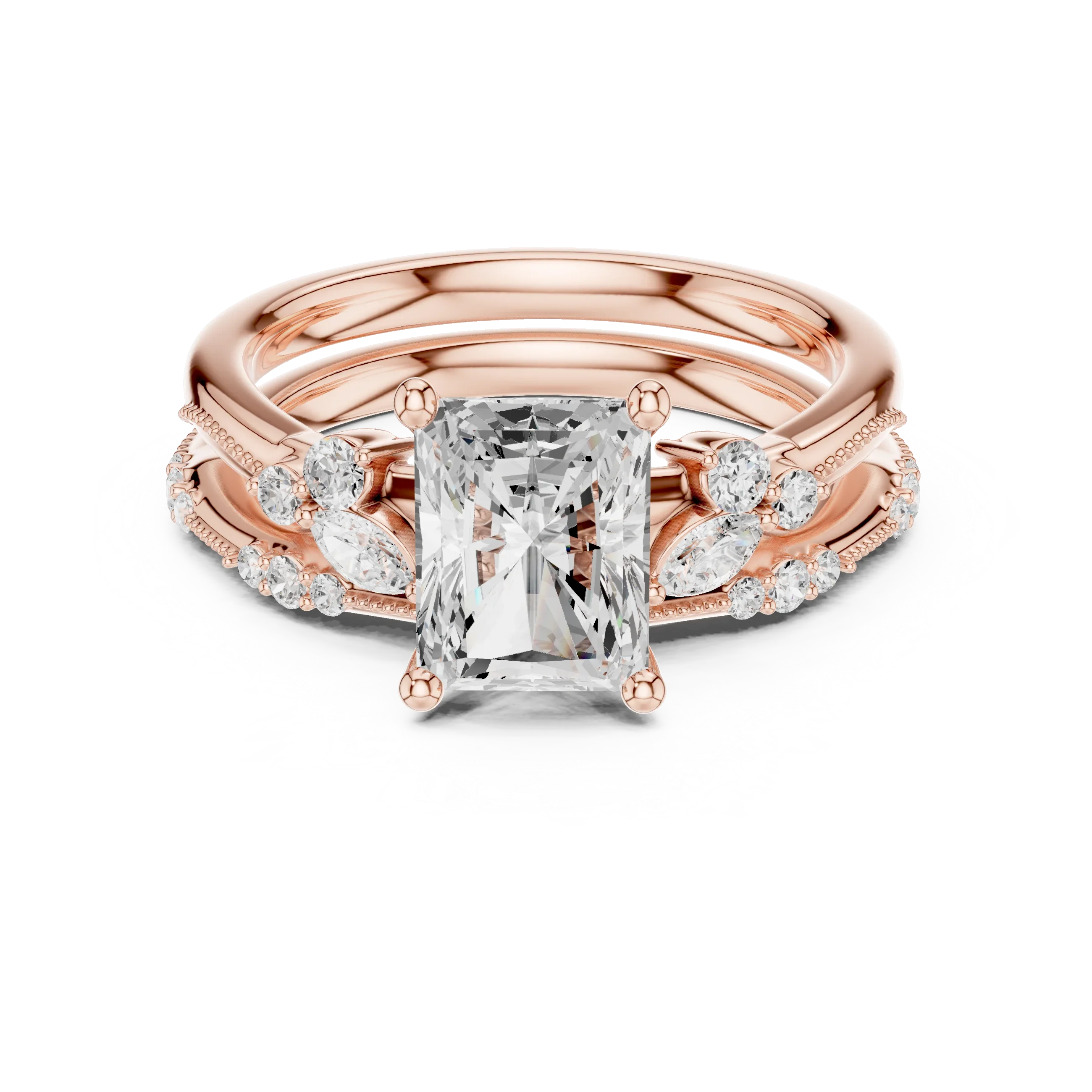 2.37 CTW Radiant Cut Moissanite Diamond Engagement Ring with Nature-Inspired Vine Band and Pear Side Accents in 14K White Gold