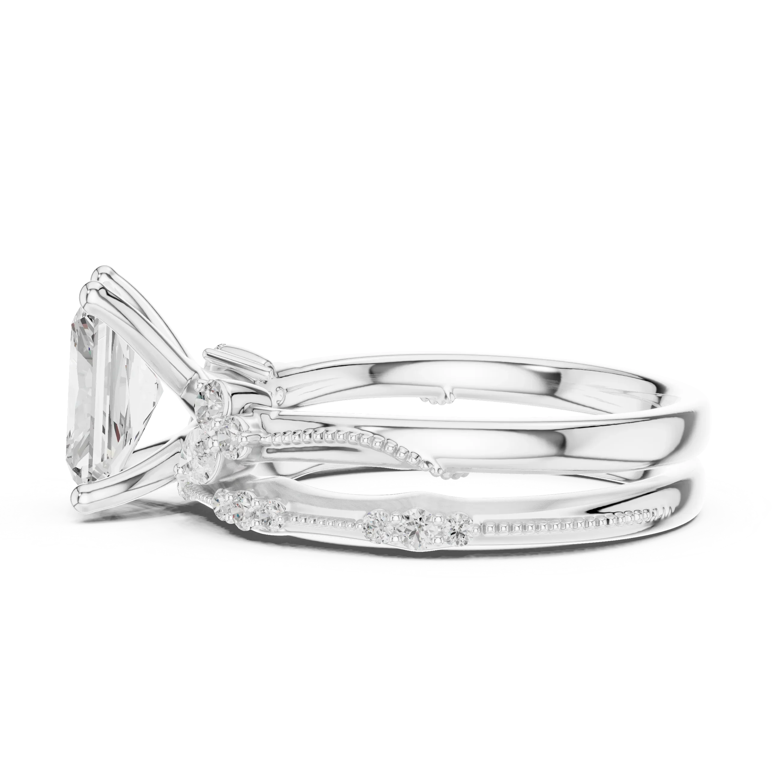 2.37 CTW Radiant Cut Moissanite Diamond Engagement Ring with Nature-Inspired Vine Band and Pear Side Accents in 14K White Gold