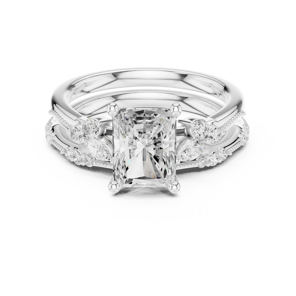 2.37 CTW Radiant Cut Moissanite Diamond Engagement Ring with Nature-Inspired Vine Band and Pear Side Accents in 14K White Gold