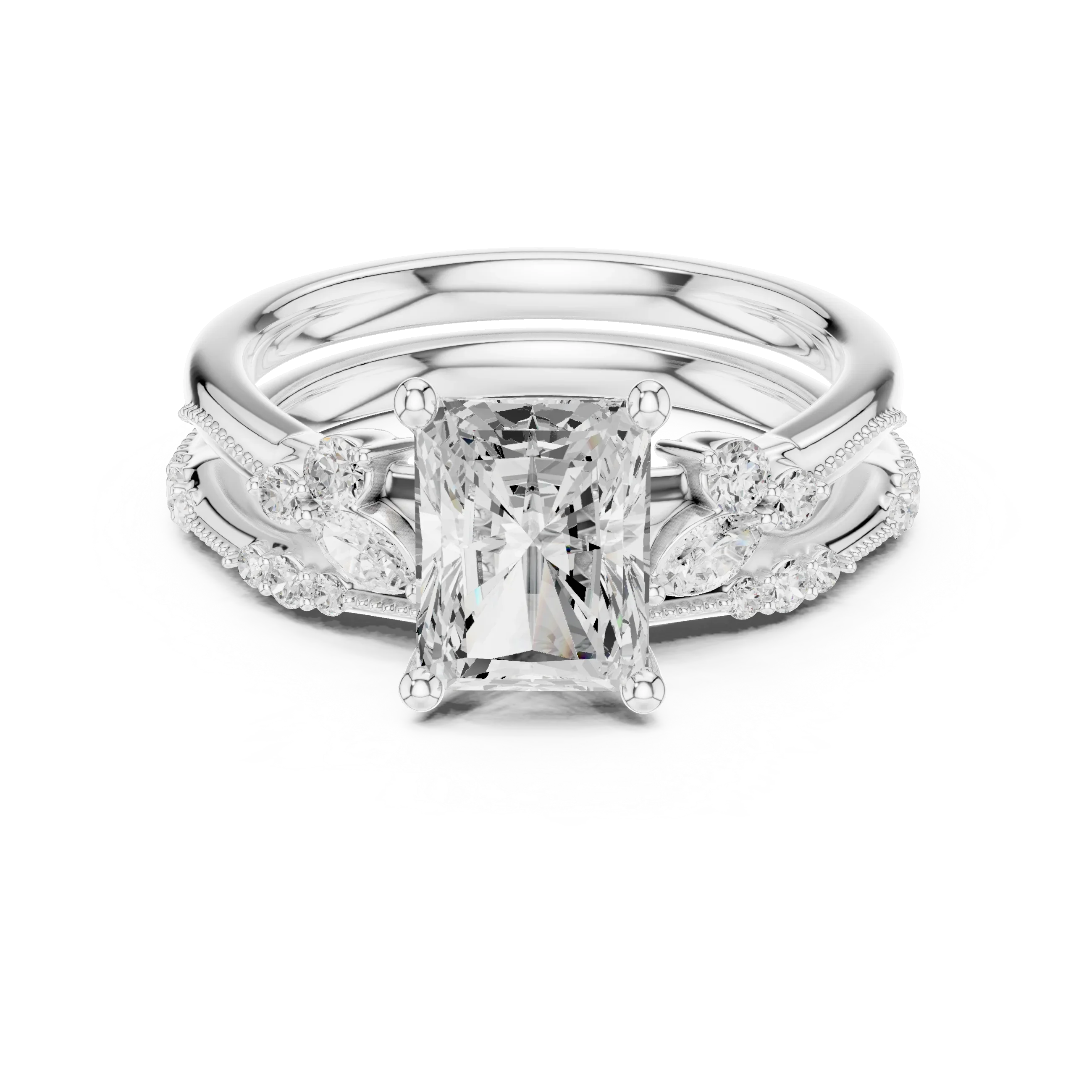 2.37 CTW Radiant Cut Moissanite Diamond Engagement Ring with Nature-Inspired Vine Band and Pear Side Accents in 14K White Gold