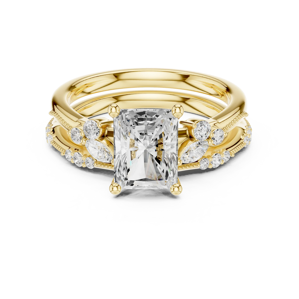 2.37 CTW Radiant Cut Moissanite Diamond Engagement Ring with Nature-Inspired Vine Band and Pear Side Accents in 14K White Gold