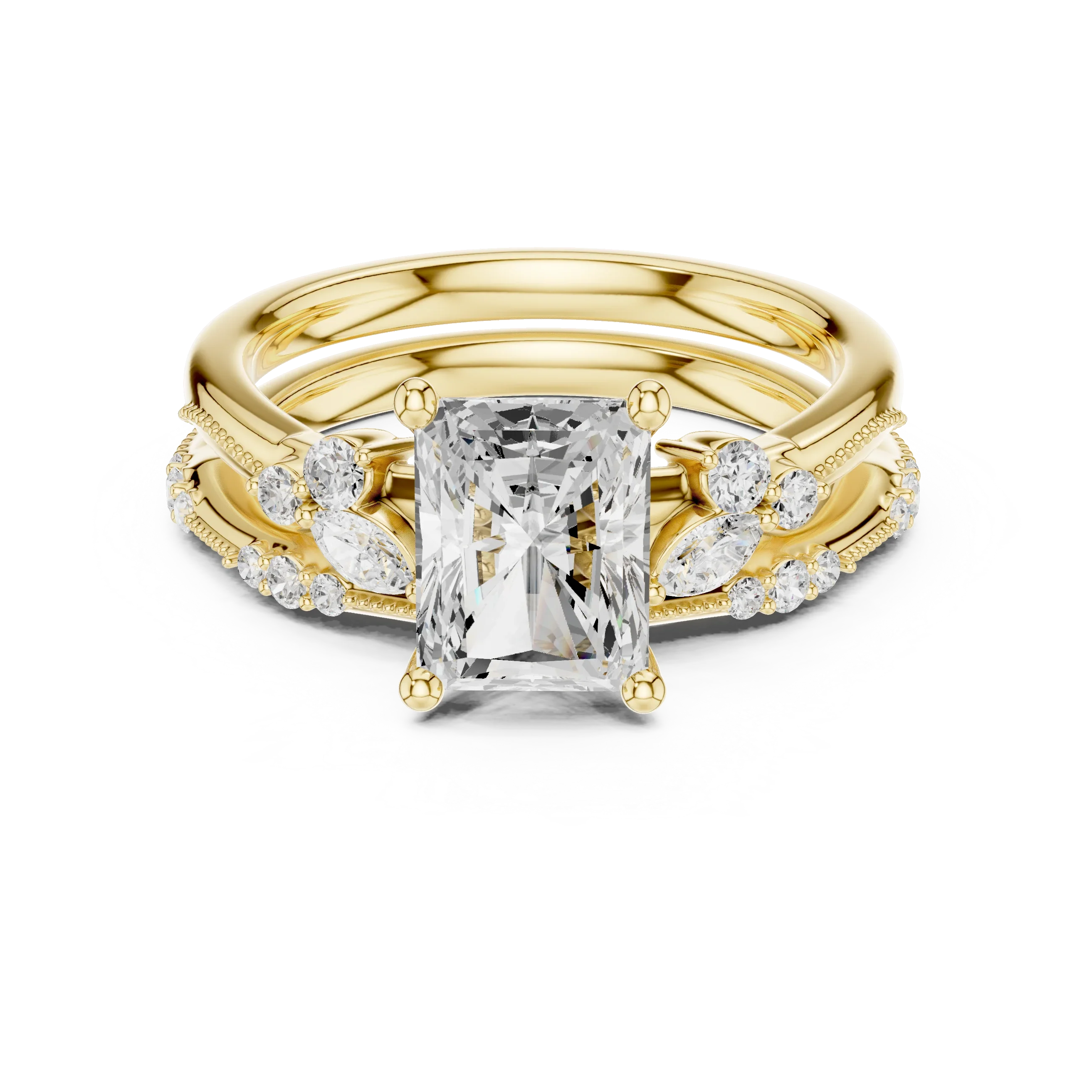 2.37 CTW Radiant Cut Moissanite Diamond Engagement Ring with Nature-Inspired Vine Band and Pear Side Accents in 14K White Gold