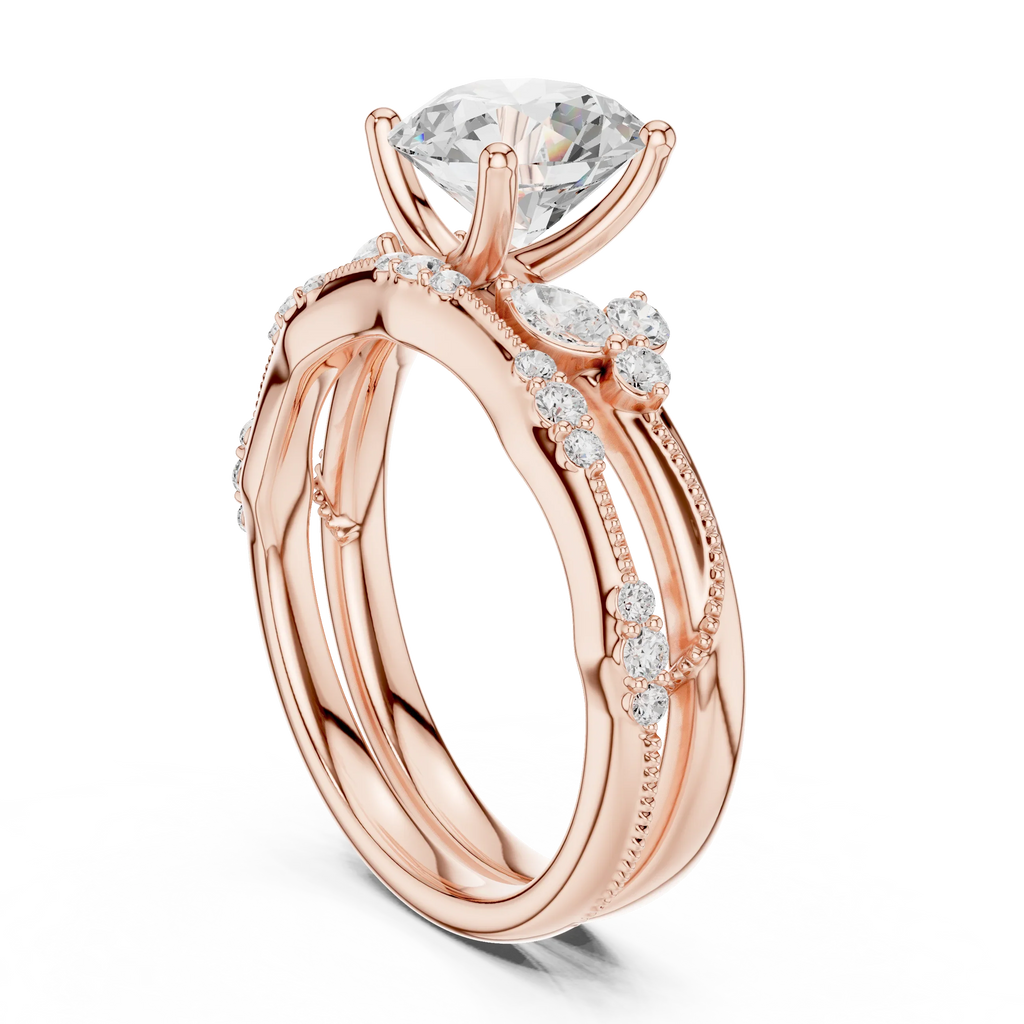 2.37 CTW Round Cut Moissanite Diamond Engagement Ring with Nature-Inspired Vine Band and Pear Side Accents in 14K White Gold