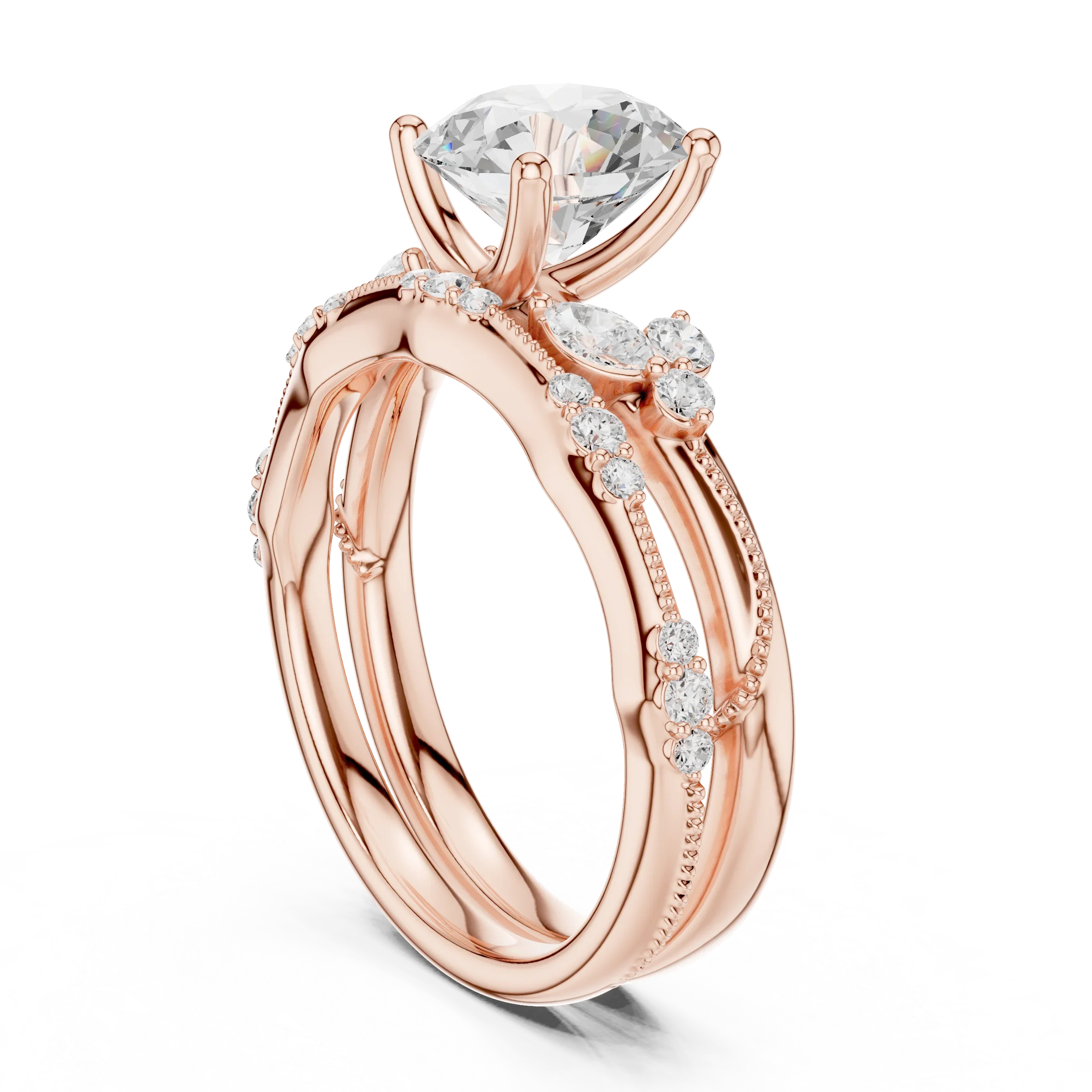 2.37 CTW Round Cut Moissanite Diamond Engagement Ring with Nature-Inspired Vine Band and Pear Side Accents in 14K White Gold