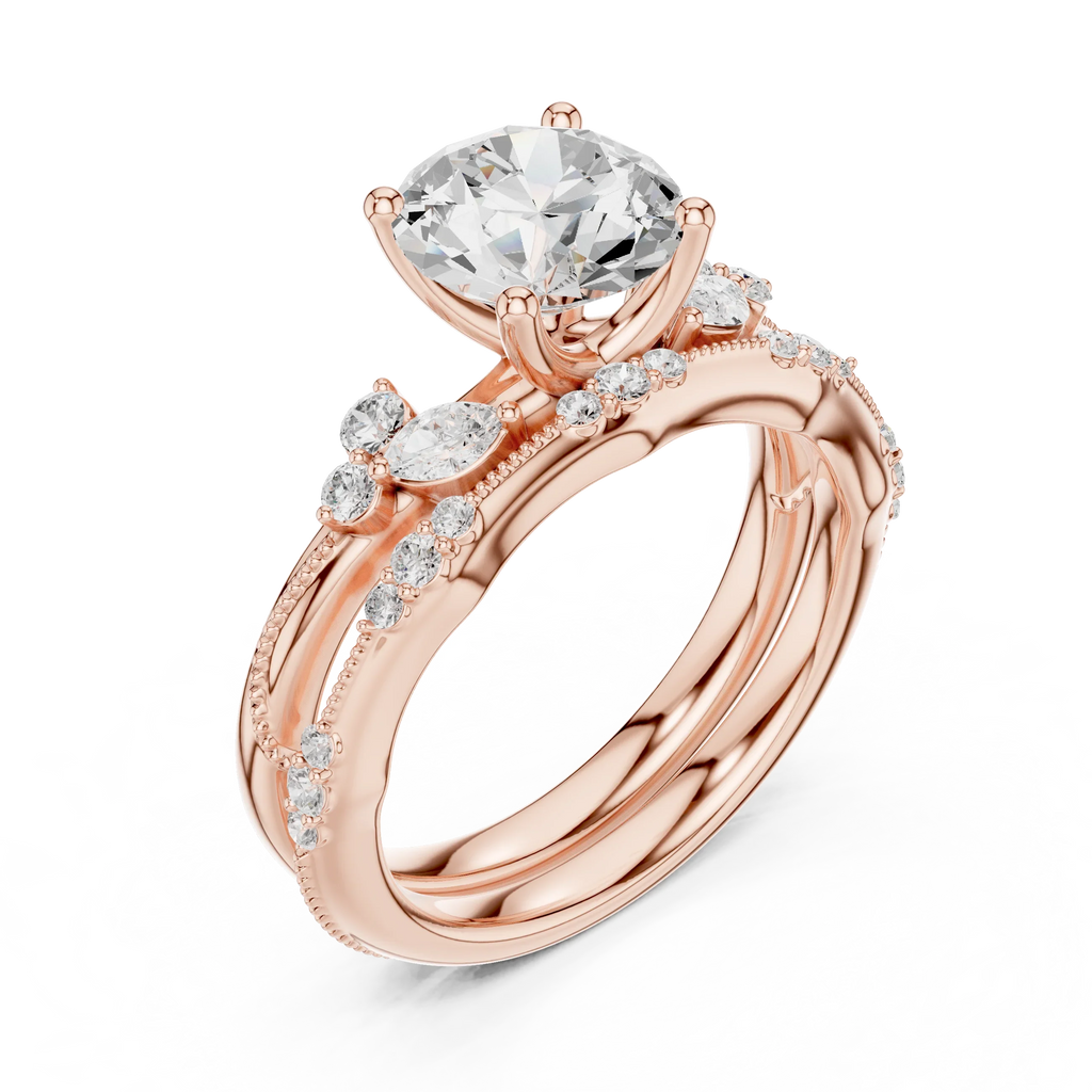 2.37 CTW Round Cut Moissanite Diamond Engagement Ring with Nature-Inspired Vine Band and Pear Side Accents in 14K White Gold