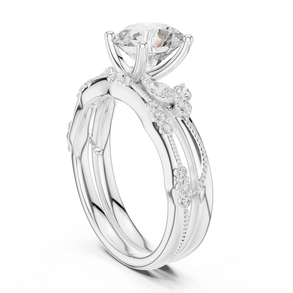2.37 CTW Round Cut Moissanite Diamond Engagement Ring with Nature-Inspired Vine Band and Pear Side Accents in 14K White Gold