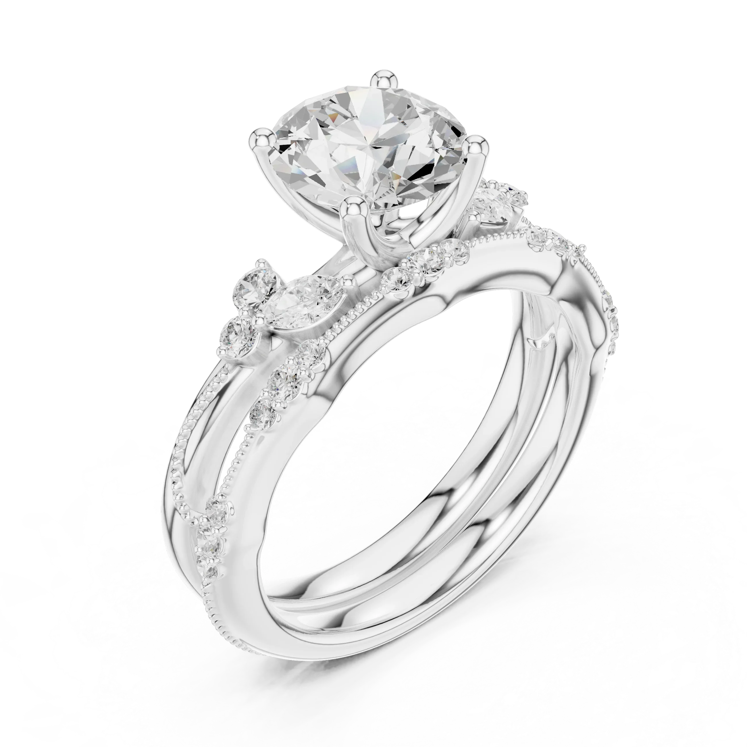 2.37 CTW Round Cut Moissanite Diamond Engagement Ring with Nature-Inspired Vine Band and Pear Side Accents in 14K White Gold