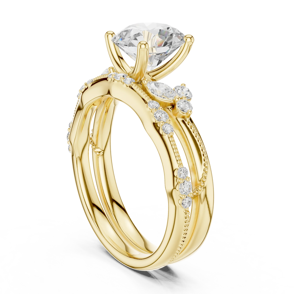 2.37 CTW Round Cut Moissanite Diamond Engagement Ring with Nature-Inspired Vine Band and Pear Side Accents in 14K White Gold