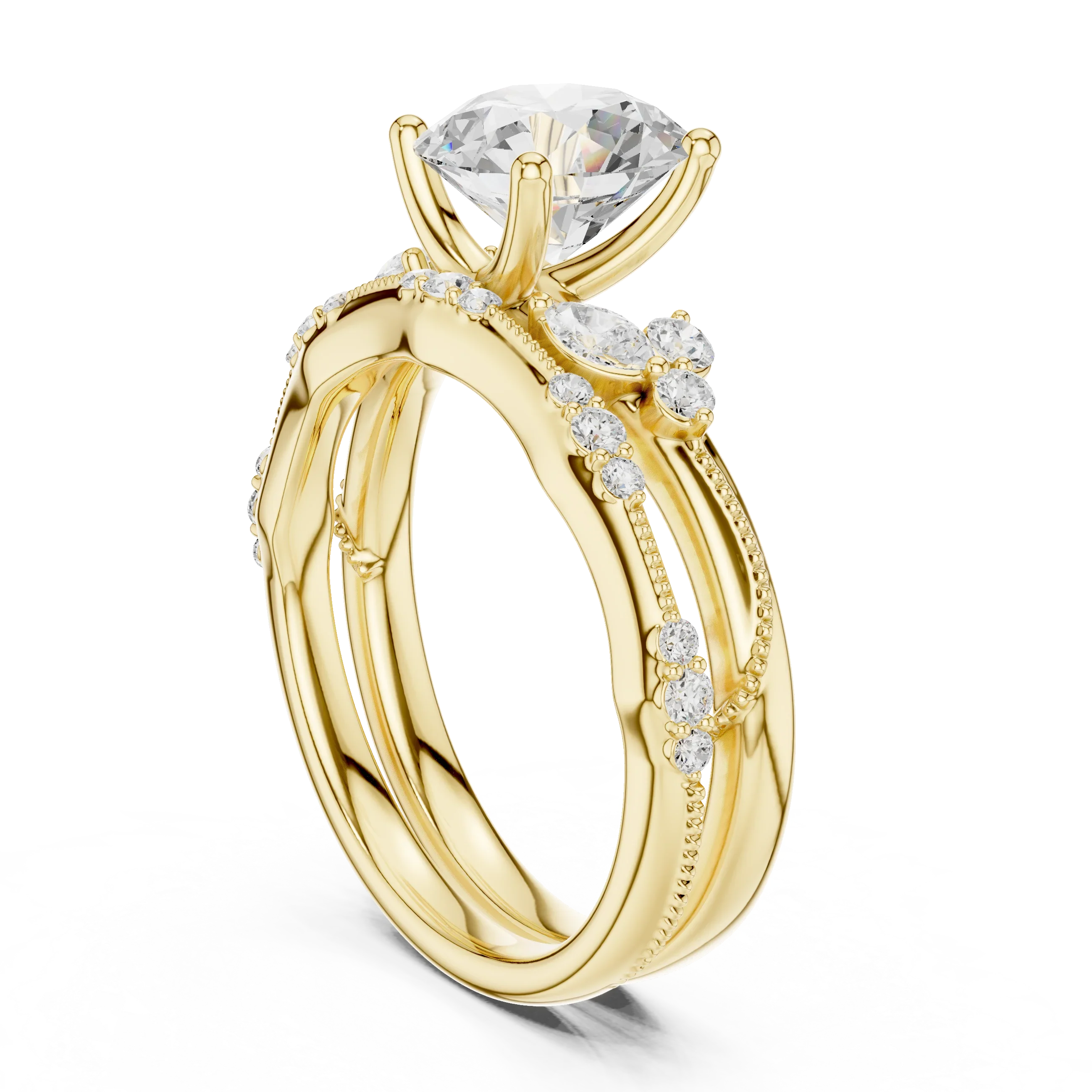2.37 CTW Round Cut Moissanite Diamond Engagement Ring with Nature-Inspired Vine Band and Pear Side Accents in 14K White Gold