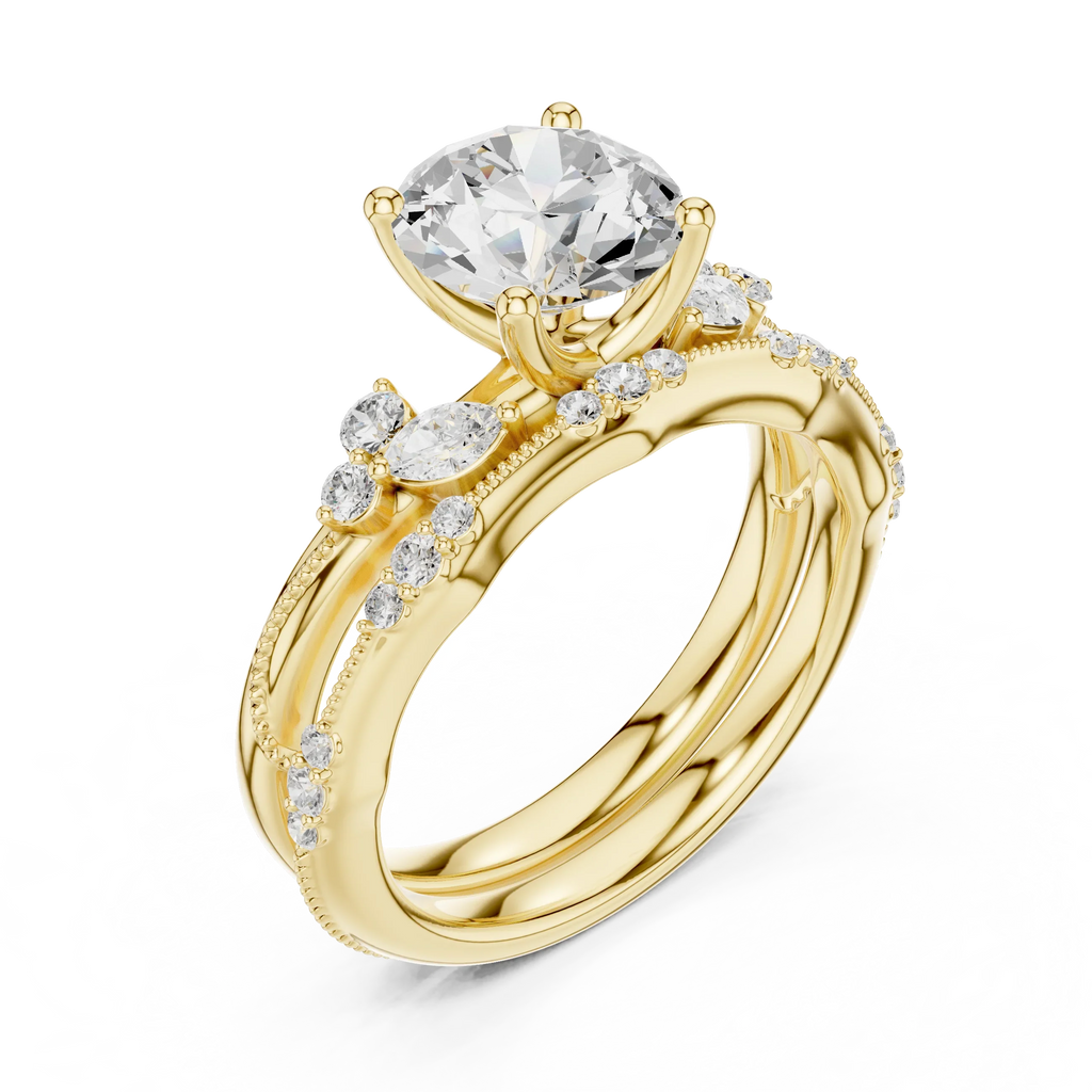 2.37 CTW Round Cut Moissanite Diamond Engagement Ring with Nature-Inspired Vine Band and Pear Side Accents in 14K White Gold