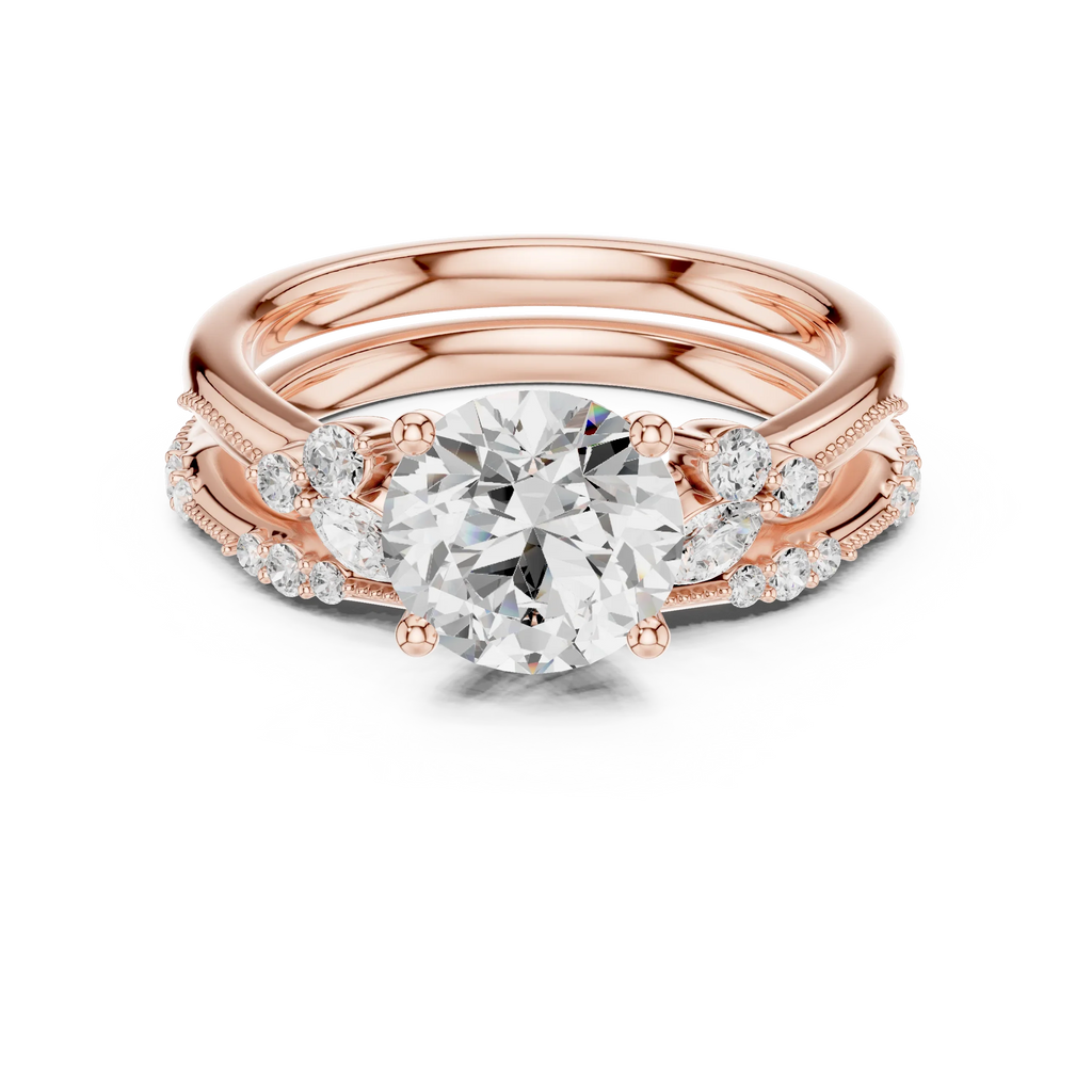 2.37 CTW Round Cut Moissanite Diamond Engagement Ring with Nature-Inspired Vine Band and Pear Side Accents in 14K White Gold