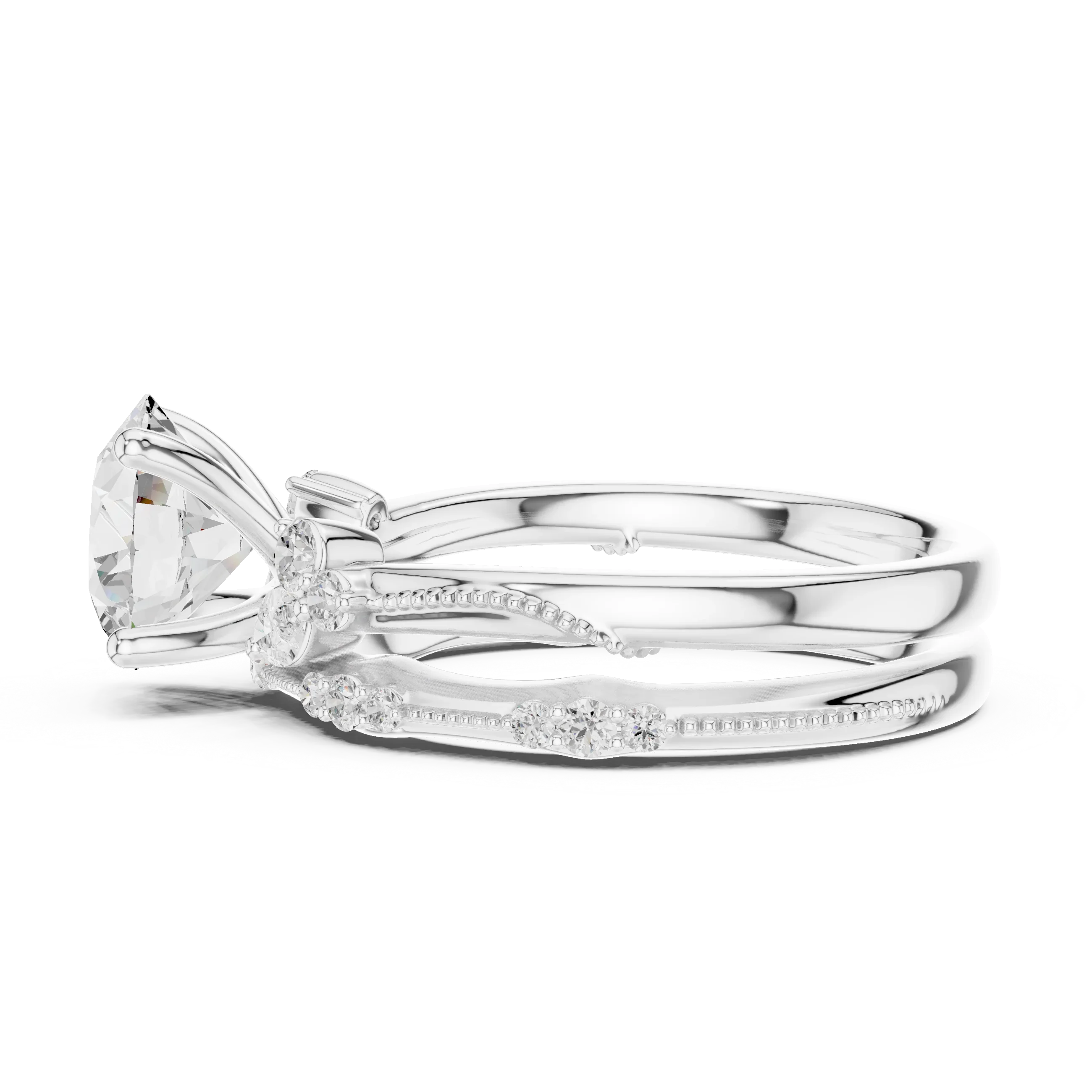 2.37 CTW Round Cut Moissanite Diamond Engagement Ring with Nature-Inspired Vine Band and Pear Side Accents in 14K White Gold