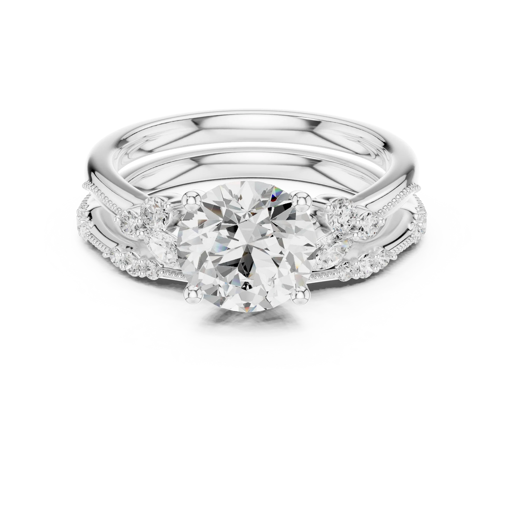 2.37 CTW Round Cut Moissanite Diamond Engagement Ring with Nature-Inspired Vine Band and Pear Side Accents in 14K White Gold