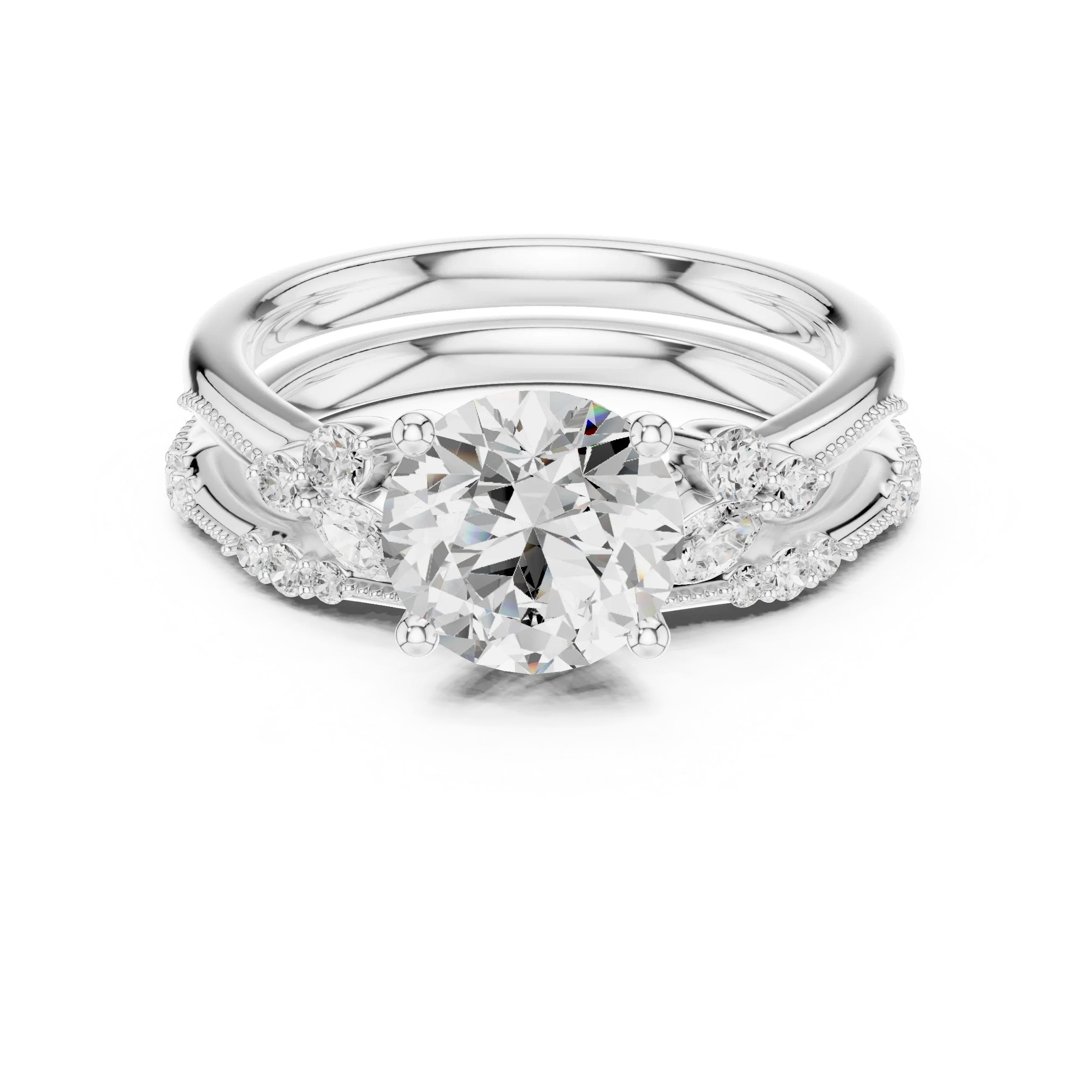 2.37 CTW Round Cut Moissanite Diamond Engagement Ring with Nature-Inspired Vine Band and Pear Side Accents in 14K White Gold
