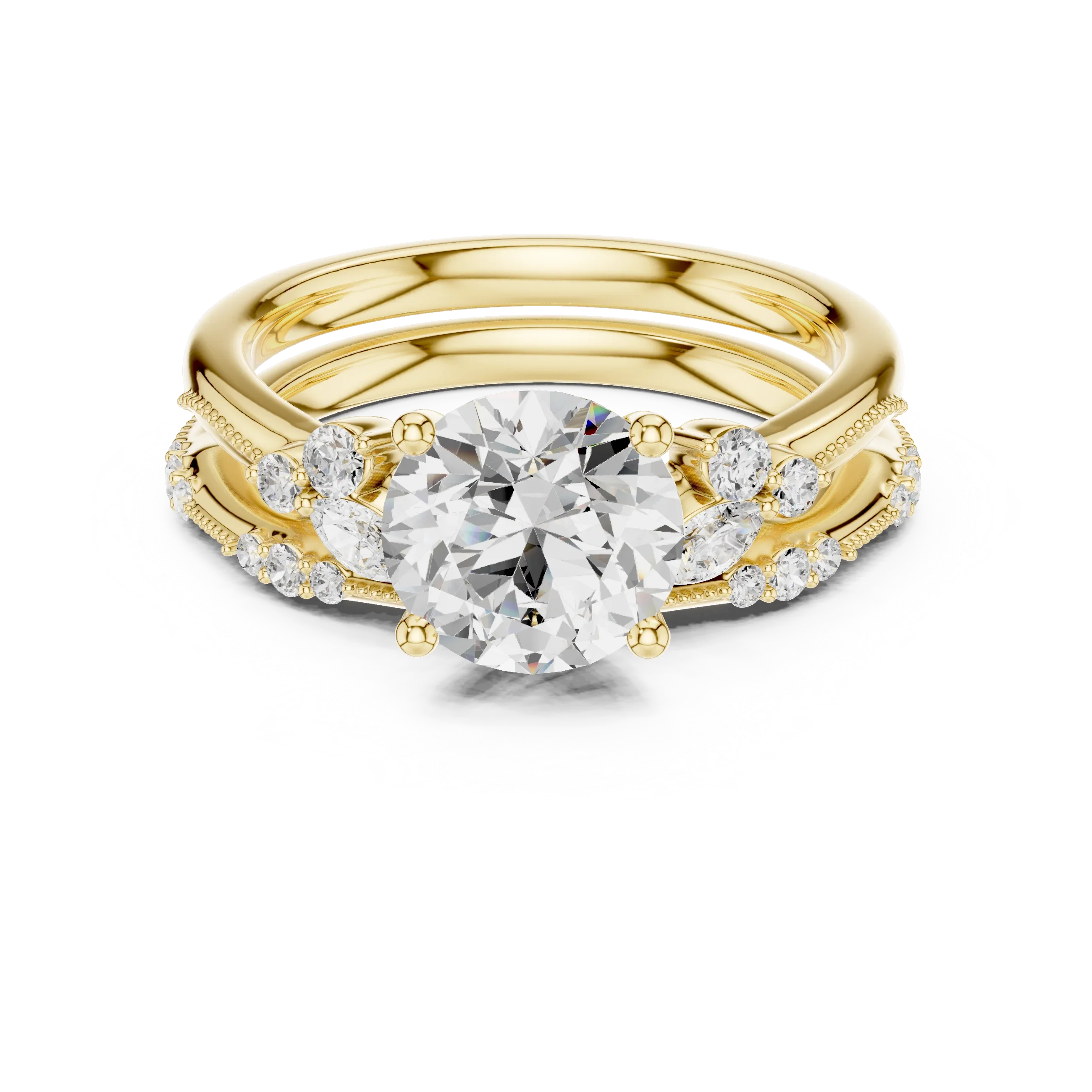 2.37 CTW Round Cut Moissanite Diamond Engagement Ring with Nature-Inspired Vine Band and Pear Side Accents in 14K White Gold