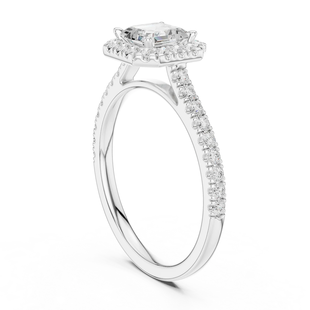 White Gold 1.40 CTW Asscher Diamond Halo Engagement Ring with Pavé Band