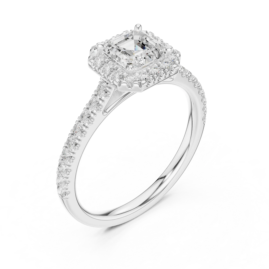 White Gold 1.40 CTW Asscher Diamond Halo Engagement Ring with Pavé Band