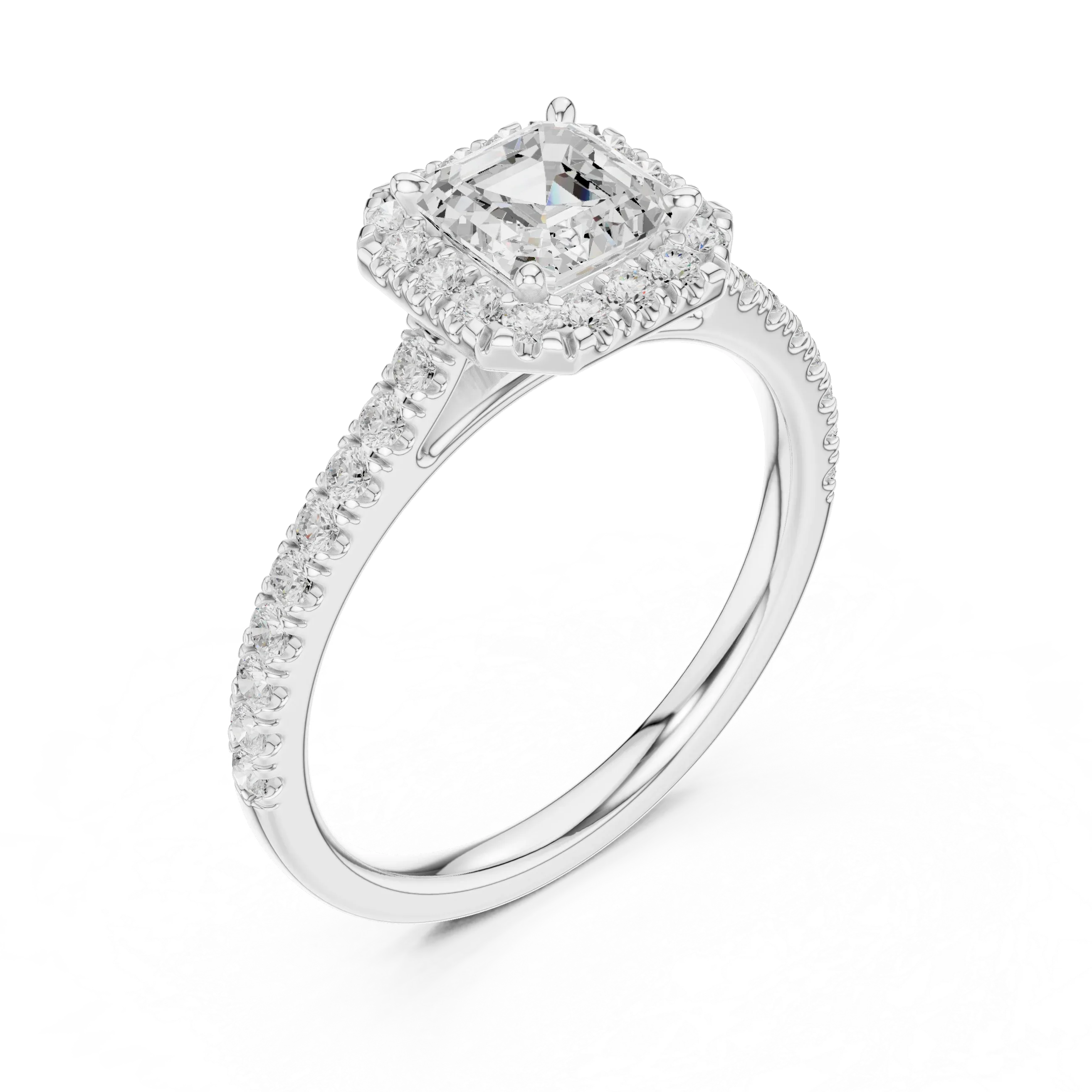 White Gold 1.40 CTW Asscher Diamond Halo Engagement Ring with Pavé Band
