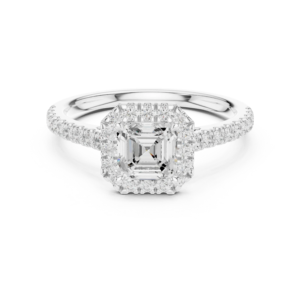 White Gold 1.40 CTW Asscher Diamond Halo Engagement Ring with Pavé Band