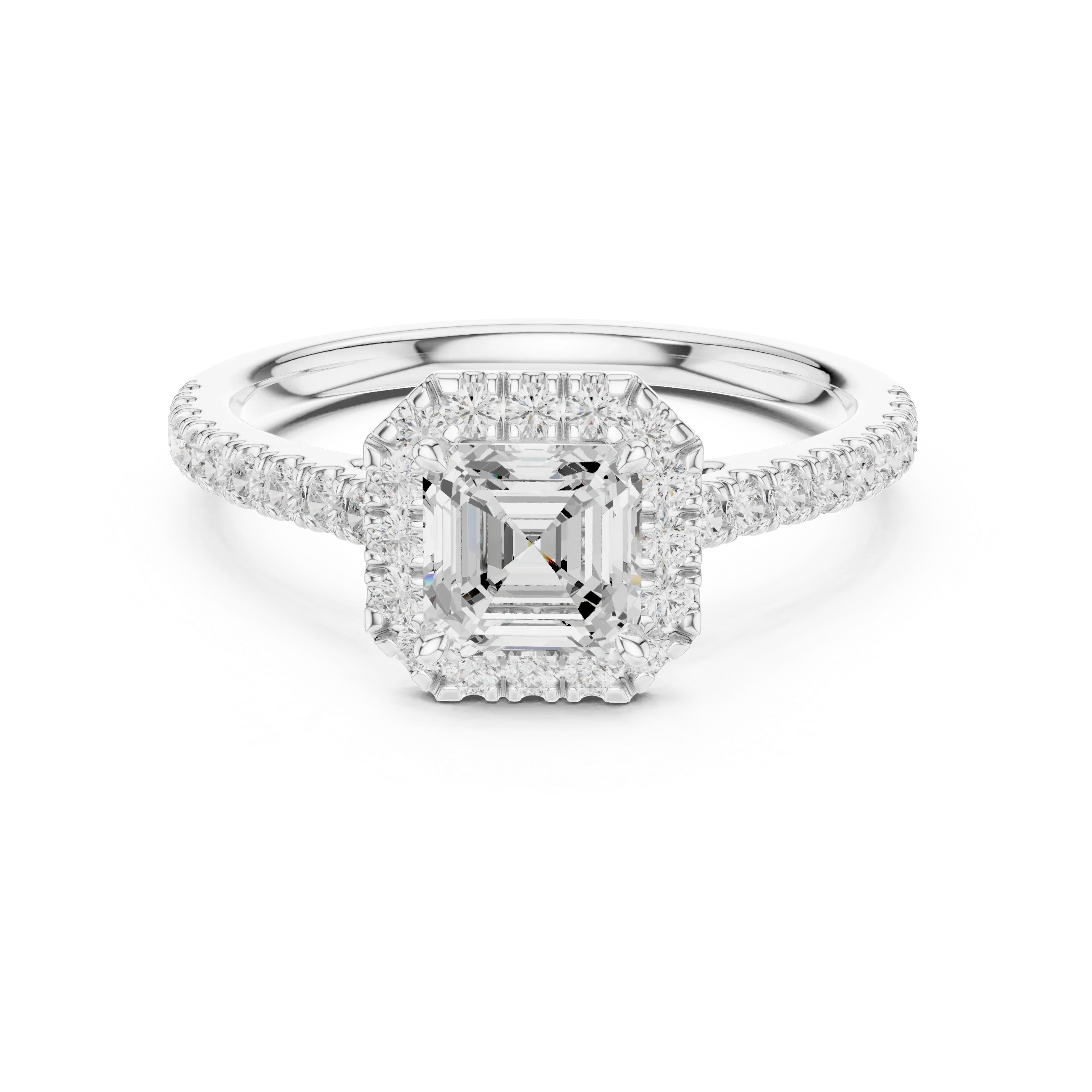 White Gold 1.40 CTW Asscher Diamond Halo Engagement Ring with Pavé Band