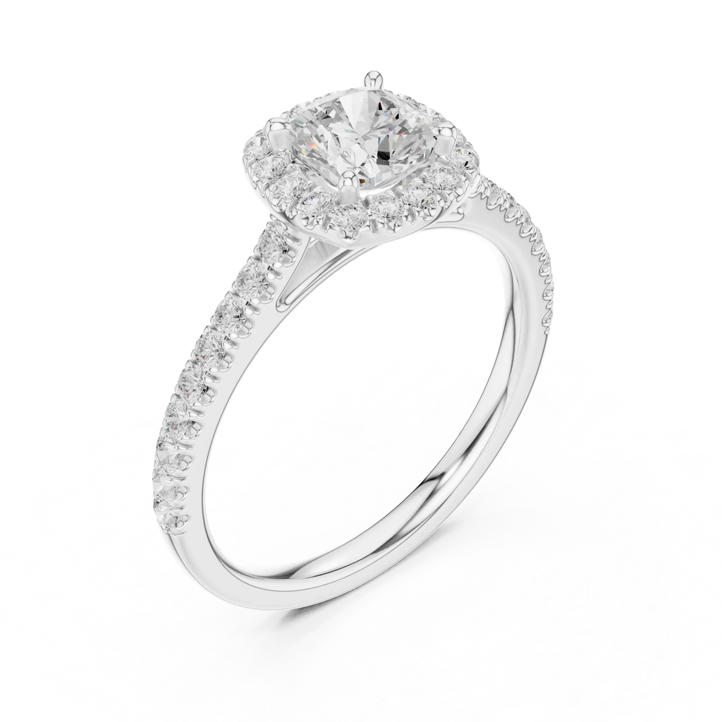 White Gold 1.40 CTW Cushion Diamond Halo Engagement Ring with Pavé Band