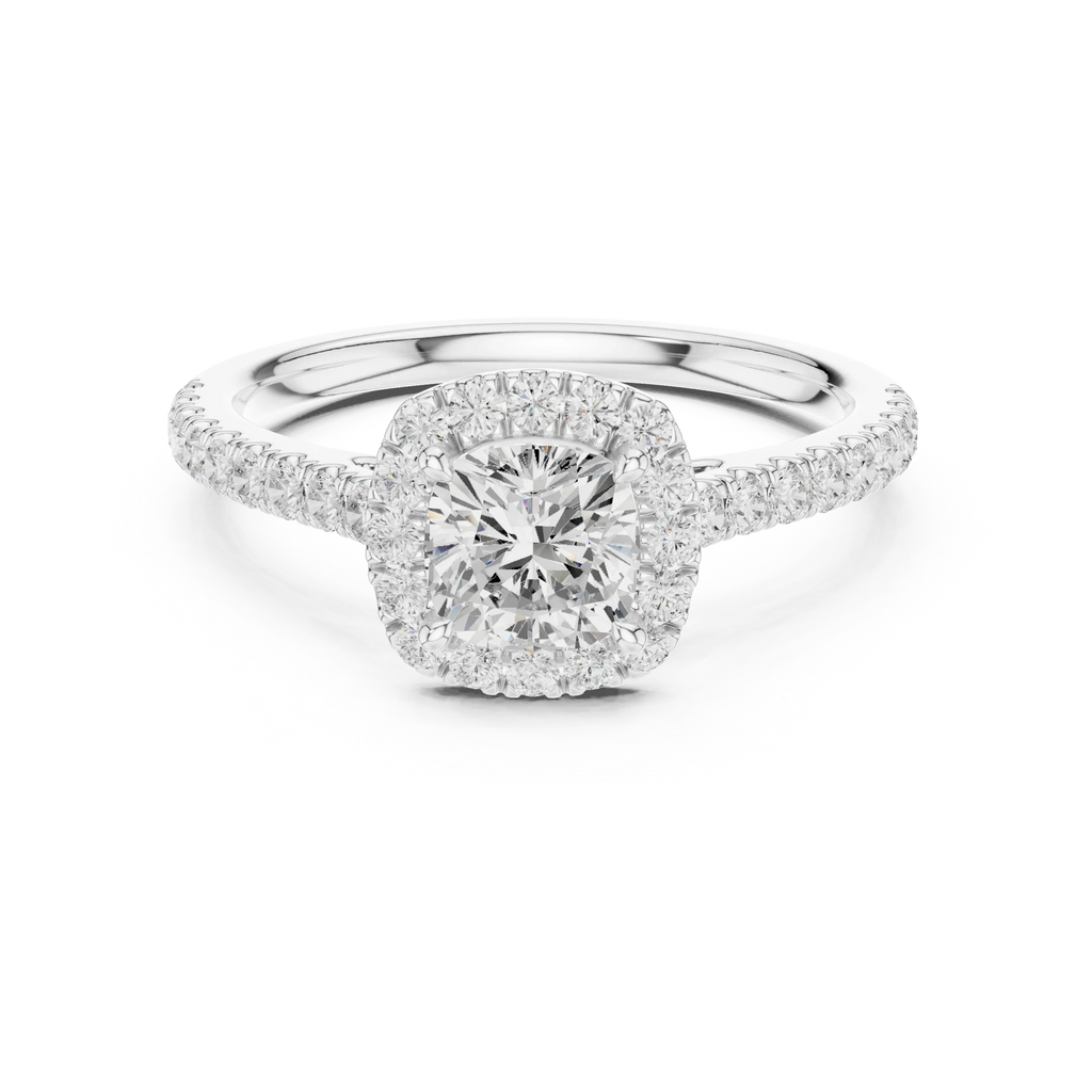 White Gold 1.40 CTW Cushion Diamond Halo Engagement Ring with Pavé Band