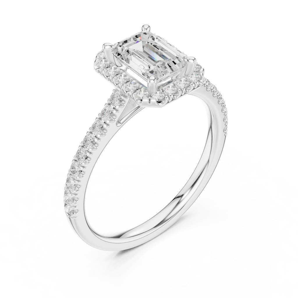 White Gold 1.40 CTW Emerald Diamond Halo Engagement Ring with Pavé Band