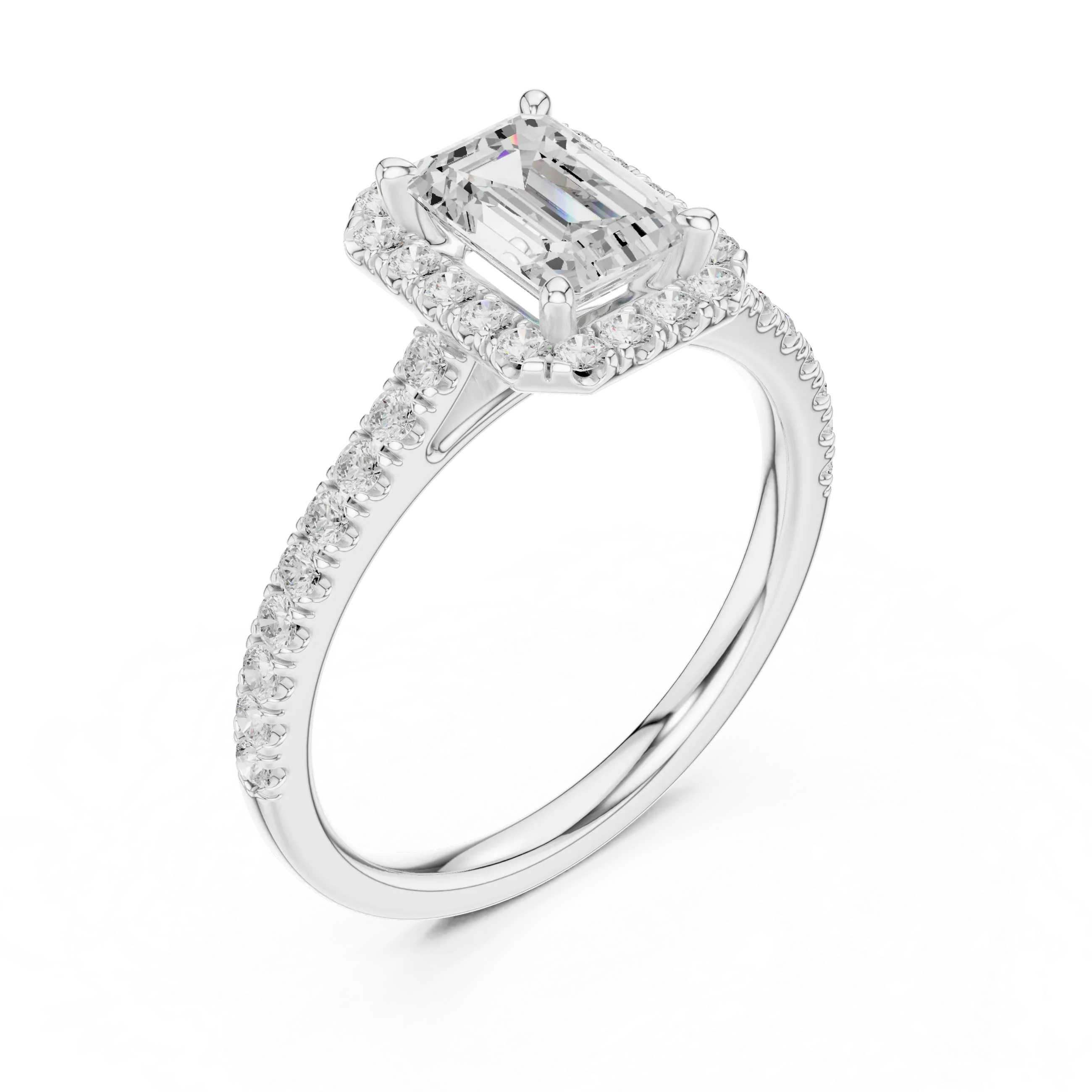 White Gold 1.40 CTW Emerald Diamond Halo Engagement Ring with Pavé Band