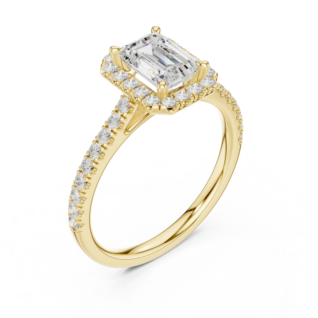 White Gold 1.40 CTW Emerald Diamond Halo Engagement Ring with Pavé Band