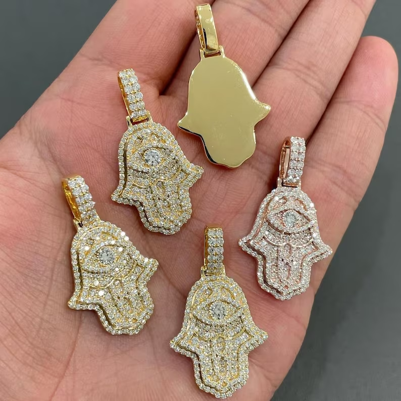 Iced out Hamsa Pendant, Moissanite VVS Pendant for men, 925 Sterling Silver, Custom Hip Hop Jewelry, Birthday gift for him, passes tester.