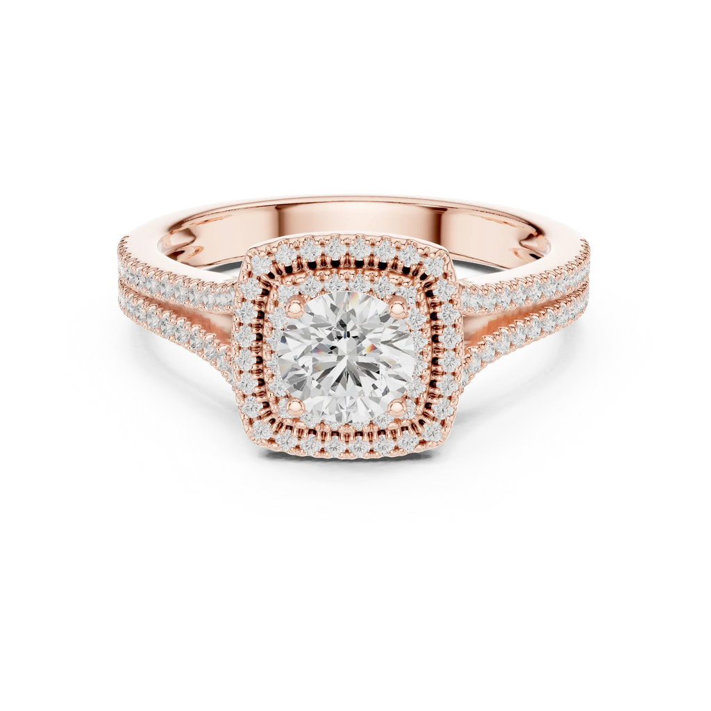 D Color Round Moissanite Engagement Ring with Secret Halo