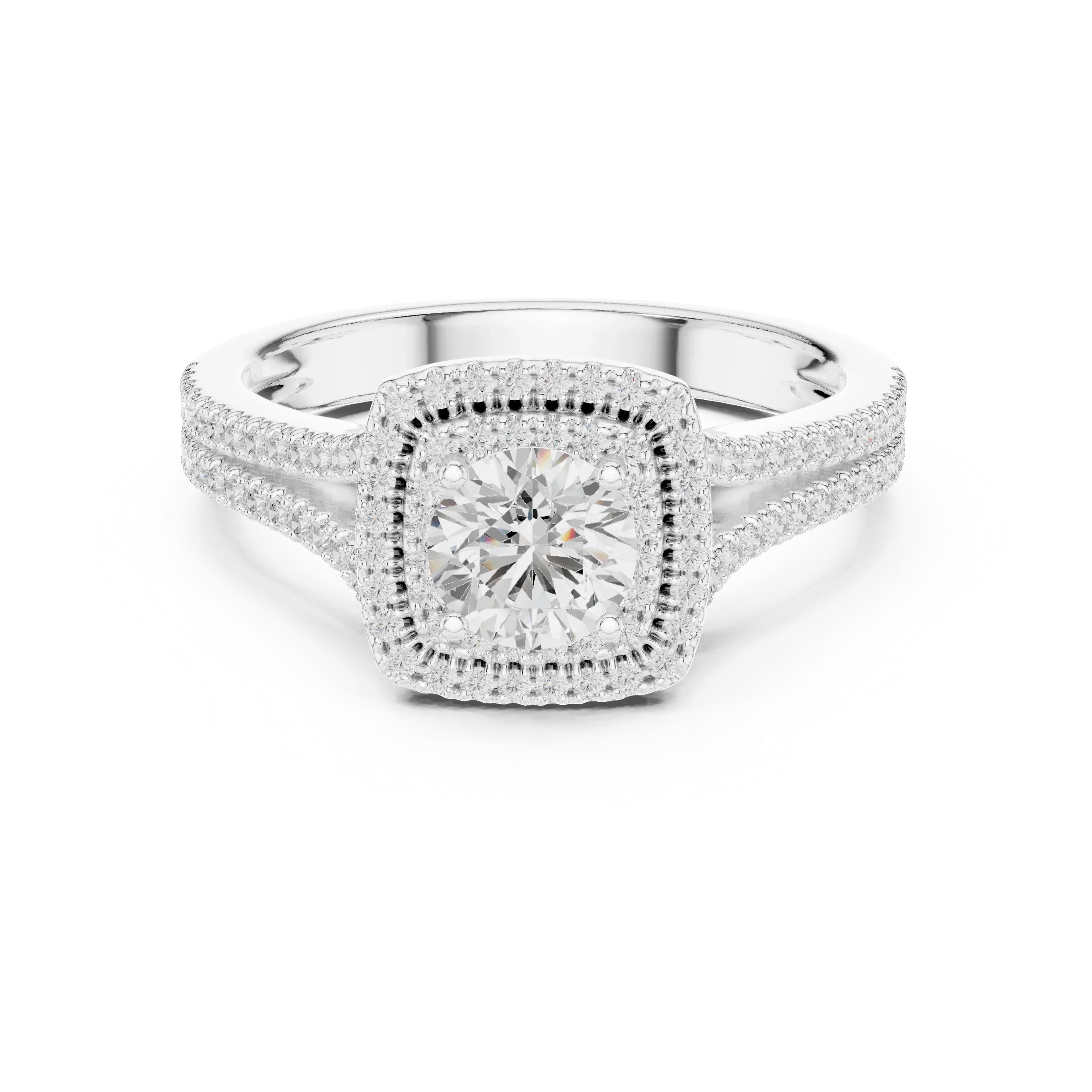 D Color Round Moissanite Engagement Ring with Secret Halo